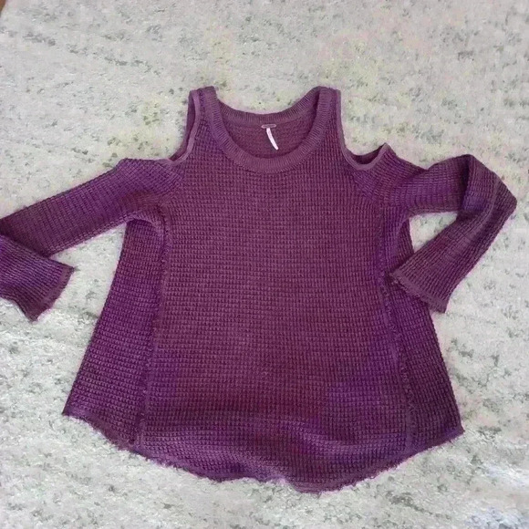 Free People Women'sPurple Sunset Waffle Knit Cold Shoulder Long Sleeve Sweater S - Picture 9 of 13